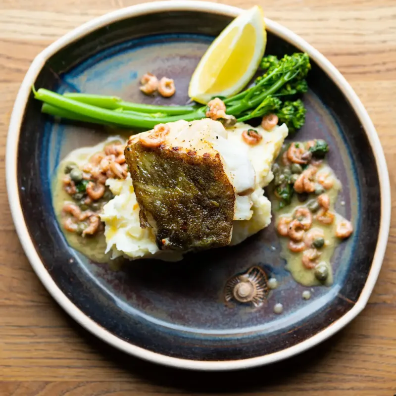 Panfried Cod Loin with Shrimp and Caper Butter Sauce